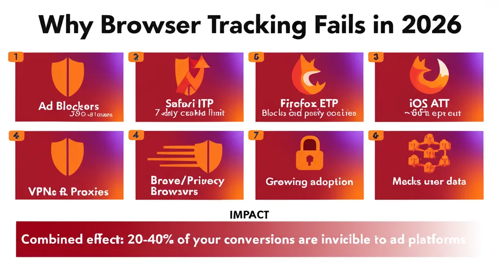 Browser tracking vulnerabilities: ad blockers, Safari ITP, Firefox ETP, iOS ATT, and privacy browsers combine to lose 20-40% of conversions
