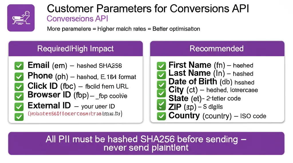 CAPI customer parameters checklist: required and recommended parameters for maximum match rates