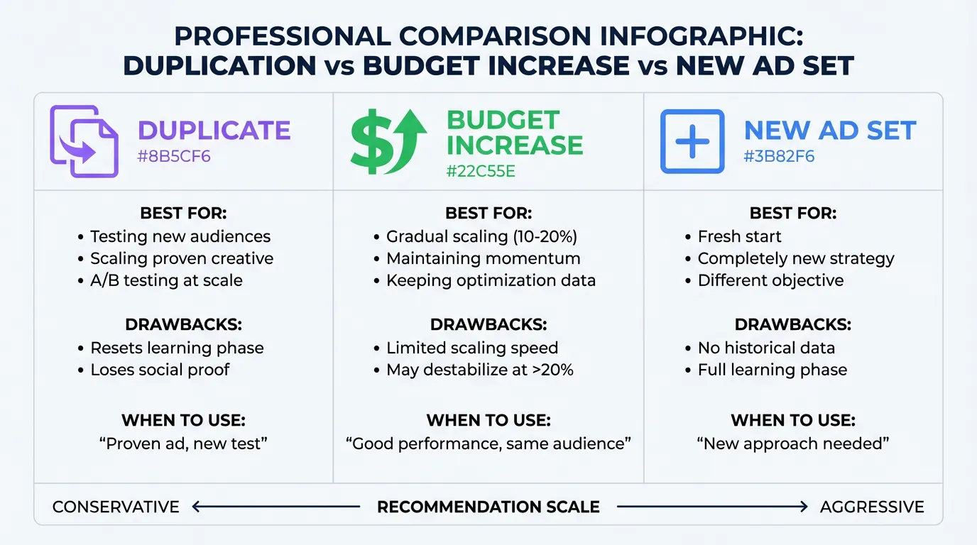 Duplication vs Budget Increase vs New Ad Set Comparison