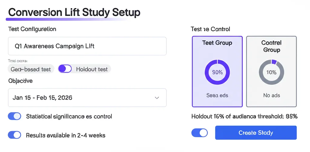 Meta Conversion Lift setup interface showing test vs control group configuration