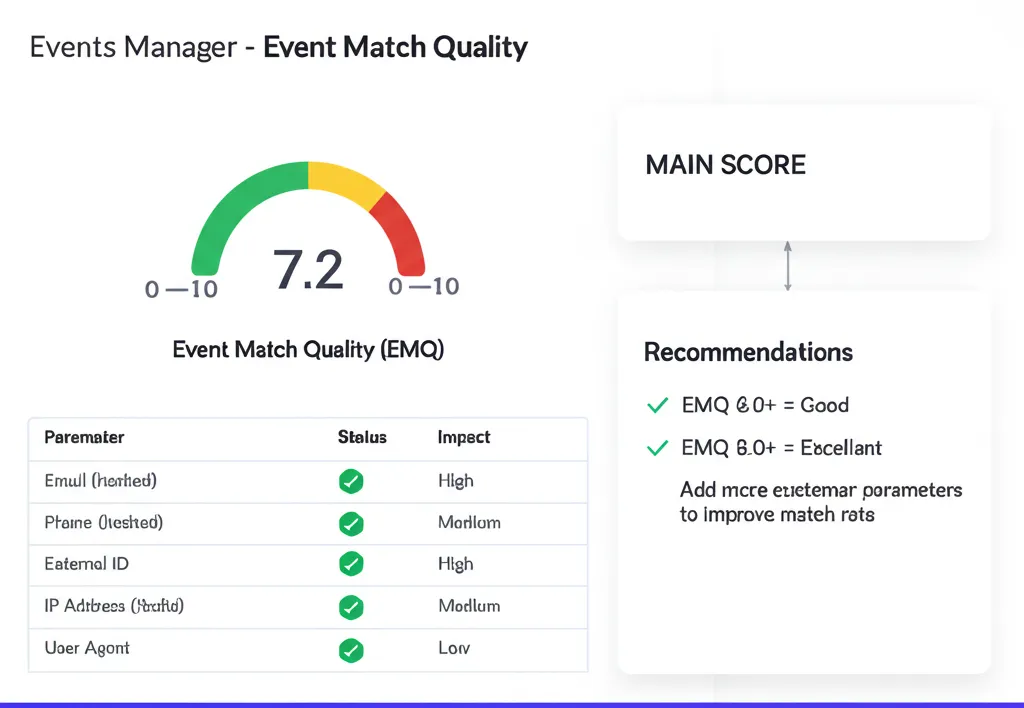 Meta Events Manager Event Match Quality score dashboard showing parameter breakdown and recommendations