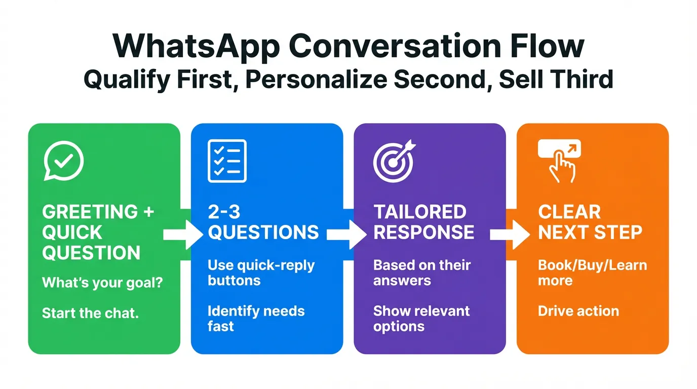 WhatsApp conversation flow: Welcome → Qualify → Personalize → CTA stages