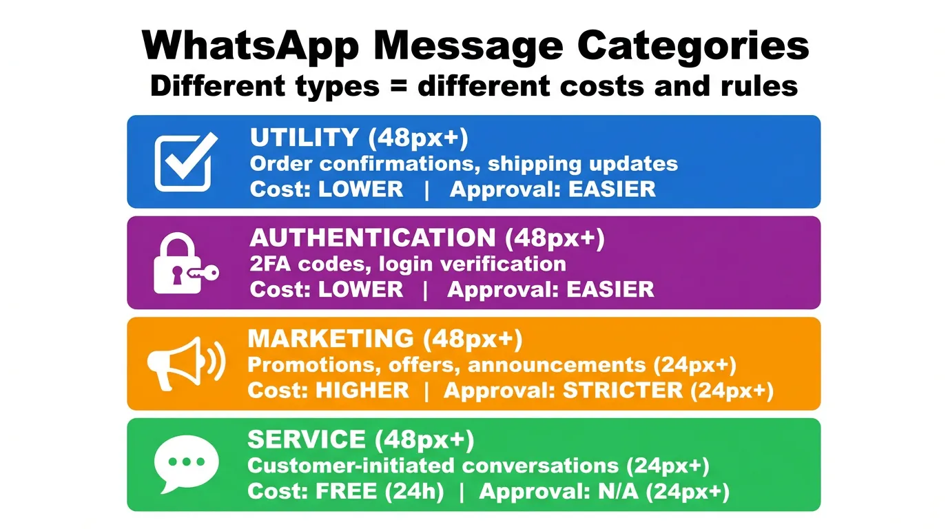 WhatsApp message categories: Utility, Authentication, Marketing, Service with costs and approval levels